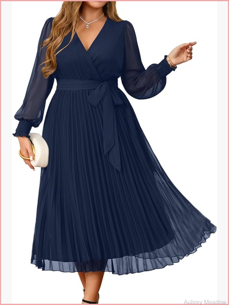 Plus Size Wrap V-Neck Pleated Chiffon Midi Dress - Wedding Guest